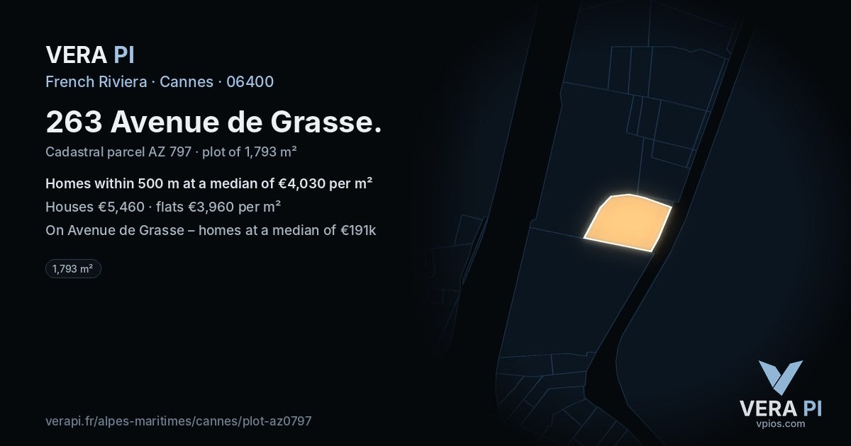 263 Avenue de Grasse, Cannes at night – the plot lit, the parcels around coloured by the prices near them