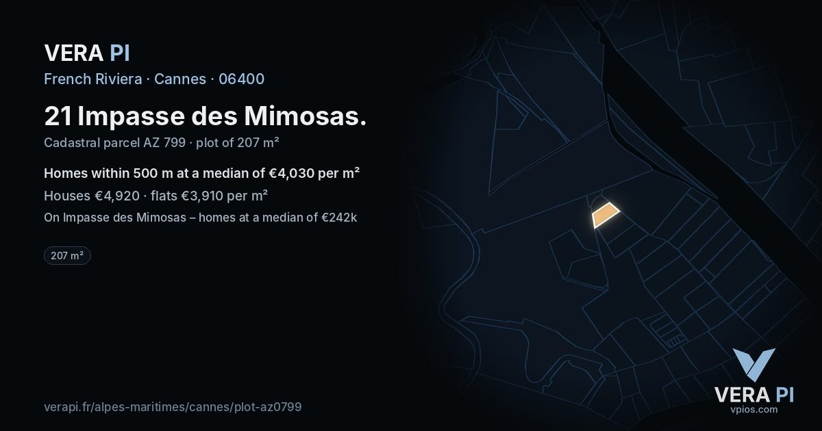21 Impasse des Mimosas, Cannes at night – the plot lit, the parcels around coloured by the prices near them