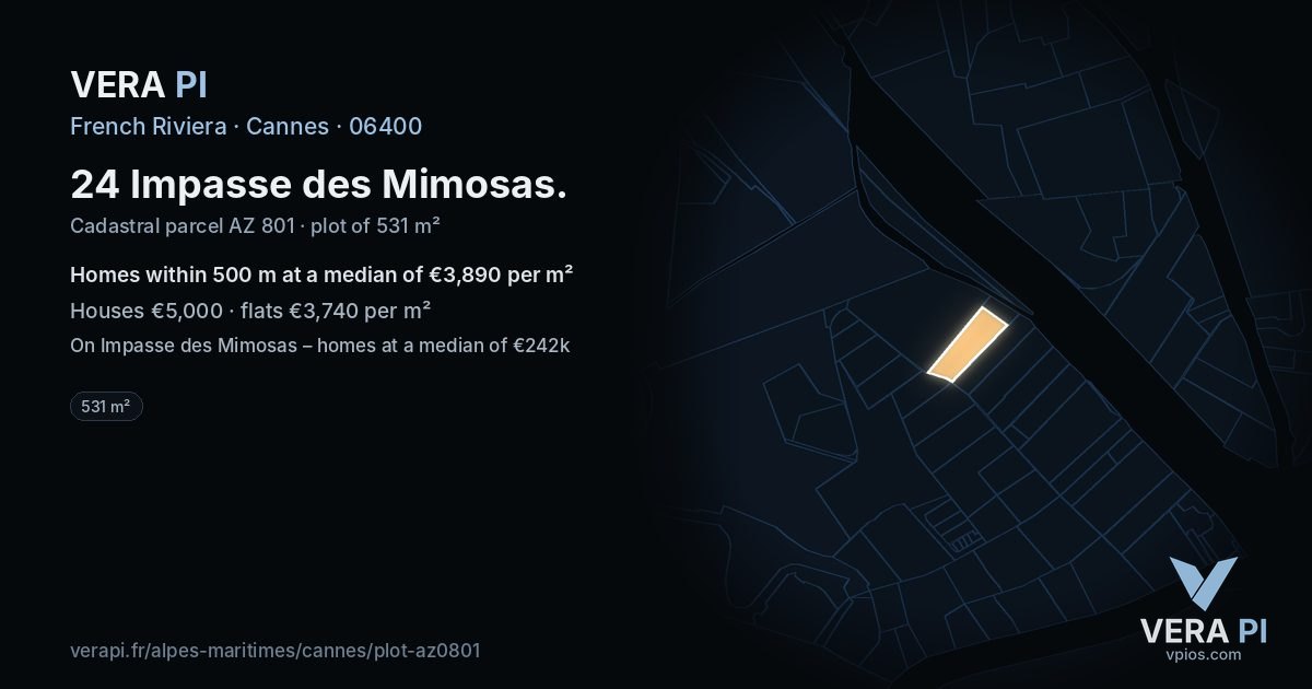 24 Impasse des Mimosas, Cannes at night – the plot lit, the parcels around coloured by the prices near them