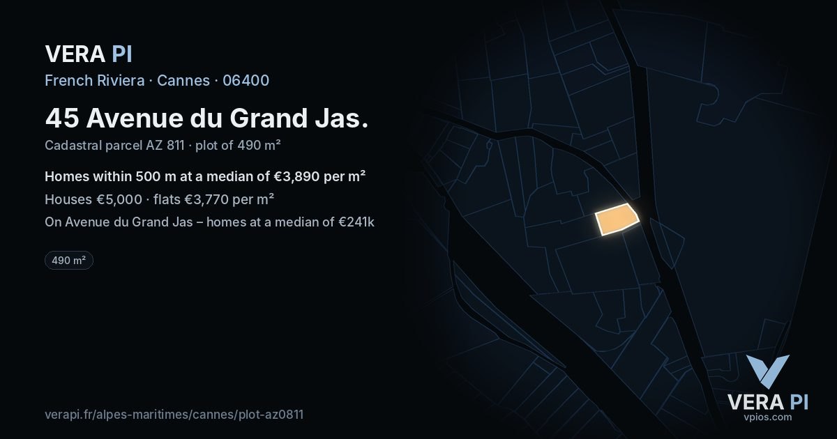 45 Avenue du Grand Jas, Cannes at night – the plot lit, the parcels around coloured by the prices near them