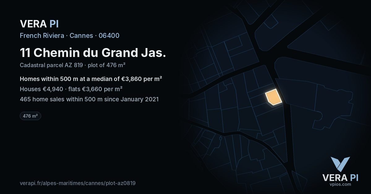 11 Chemin du Grand Jas, Cannes at night – the plot lit, the parcels around coloured by the prices near them