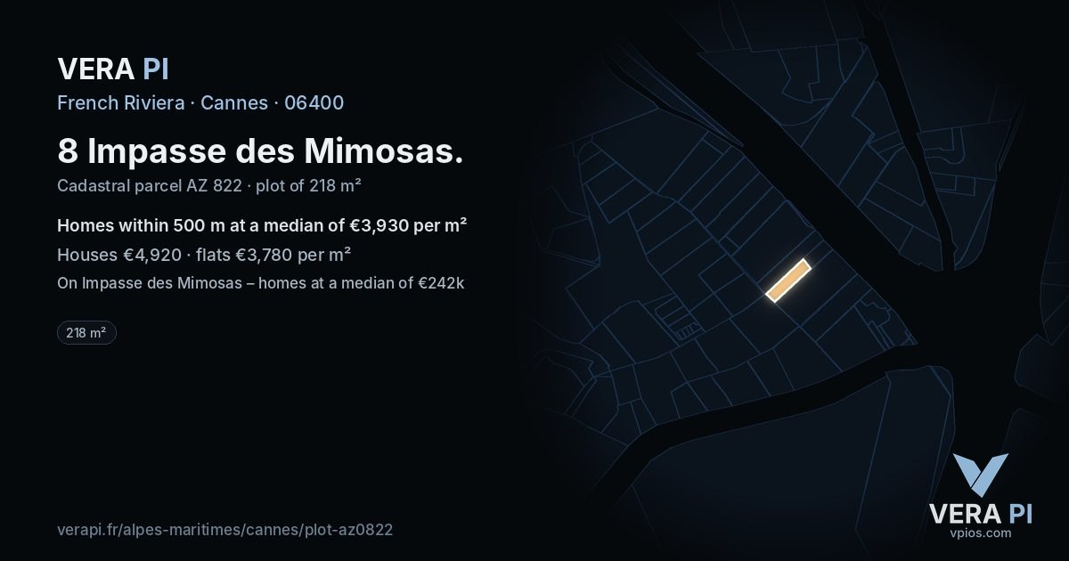 8 Impasse des Mimosas, Cannes at night – the plot lit, the parcels around coloured by the prices near them