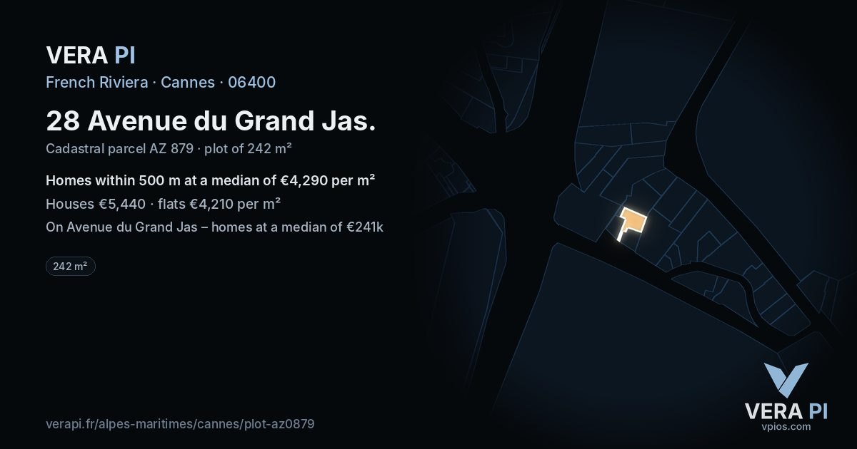 28 Avenue du Grand Jas, Cannes at night – the plot lit, the parcels around coloured by the prices near them