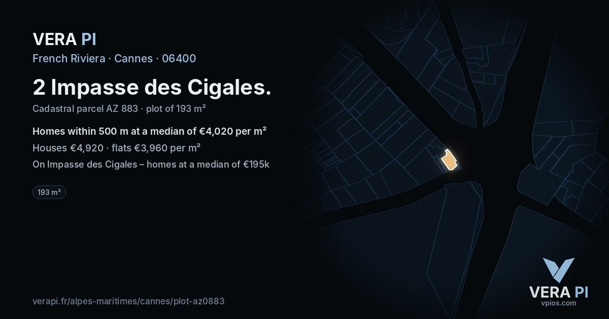 2 Impasse des Cigales, Cannes at night – the plot lit, the parcels around coloured by the prices near them