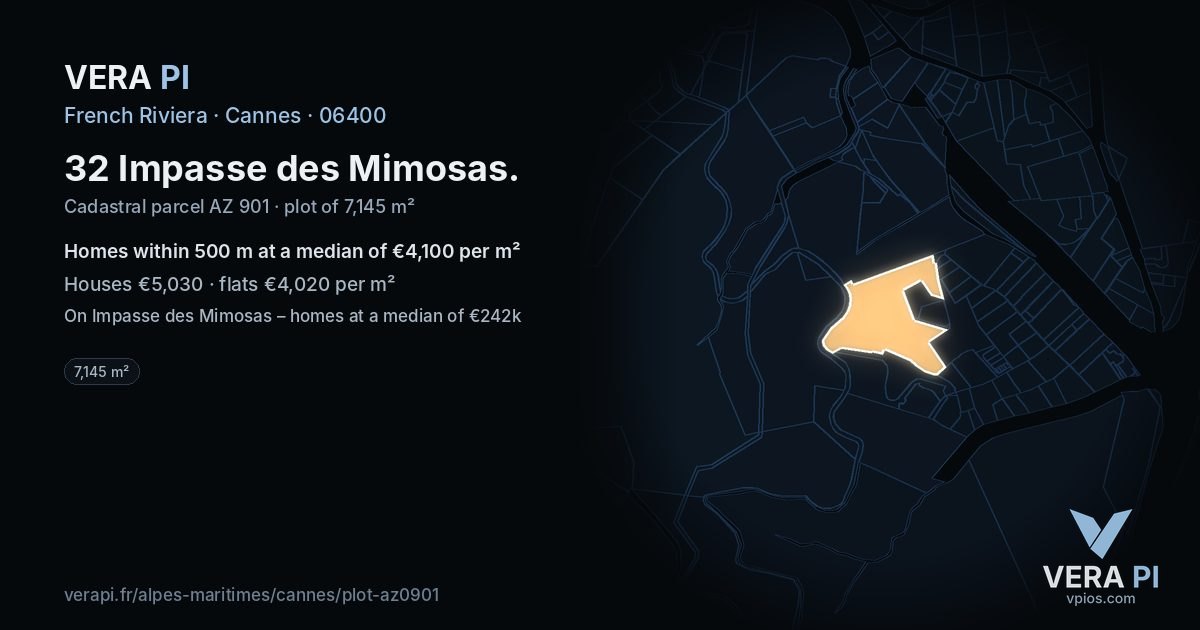 32 Impasse des Mimosas, Cannes at night – the plot lit, the parcels around coloured by the prices near them