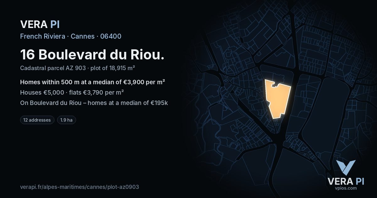16 Boulevard du Riou, Cannes at night – the plot lit, the parcels around coloured by the prices near them