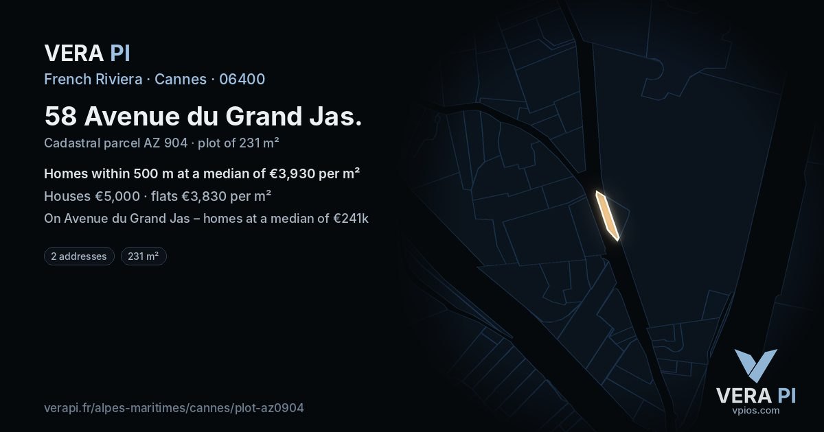 58 Avenue du Grand Jas, Cannes at night – the plot lit, the parcels around coloured by the prices near them