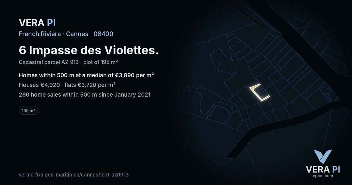 6 Impasse des Violettes, Cannes at night – the plot lit, the parcels around coloured by the prices near them