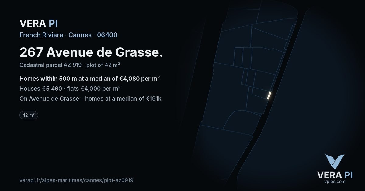 267 Avenue de Grasse, Cannes at night – the plot lit, the parcels around coloured by the prices near them