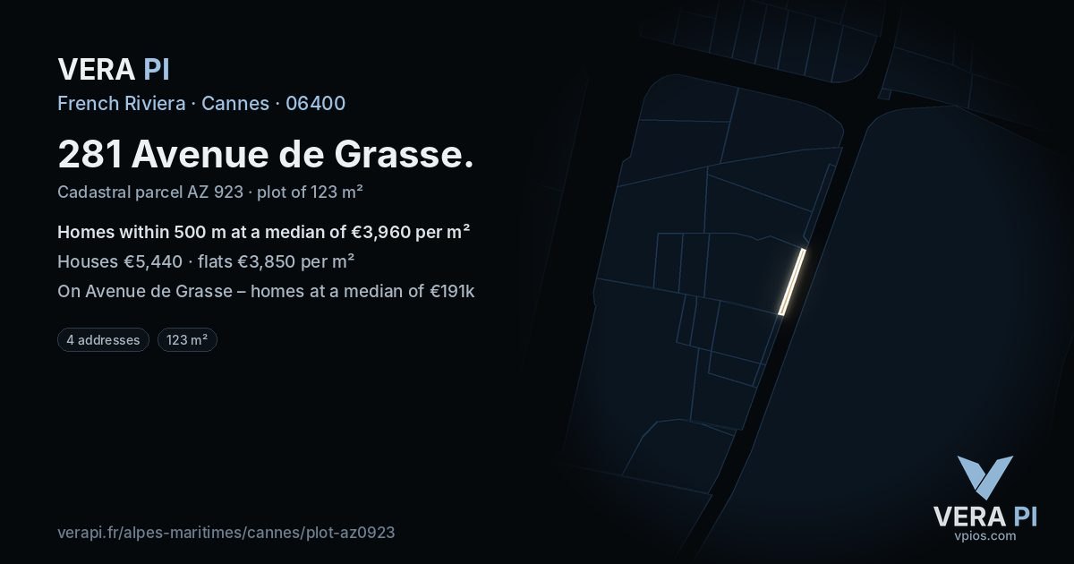 281 Avenue de Grasse, Cannes at night – the plot lit, the parcels around coloured by the prices near them