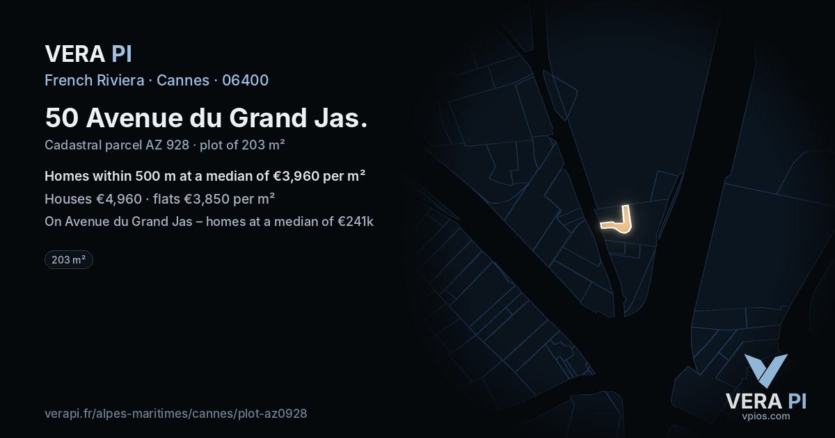 50 Avenue du Grand Jas, Cannes at night – the plot lit, the parcels around coloured by the prices near them