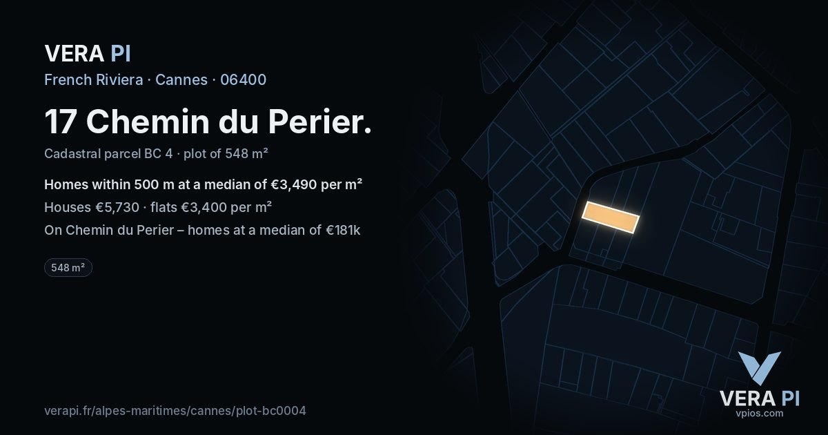 17 Chemin du Perier, Cannes at night – the plot lit, the parcels around coloured by the prices near them