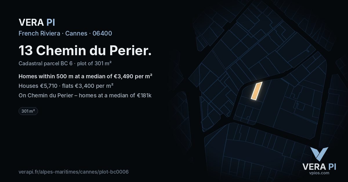 13 Chemin du Perier, Cannes at night – the plot lit, the parcels around coloured by the prices near them