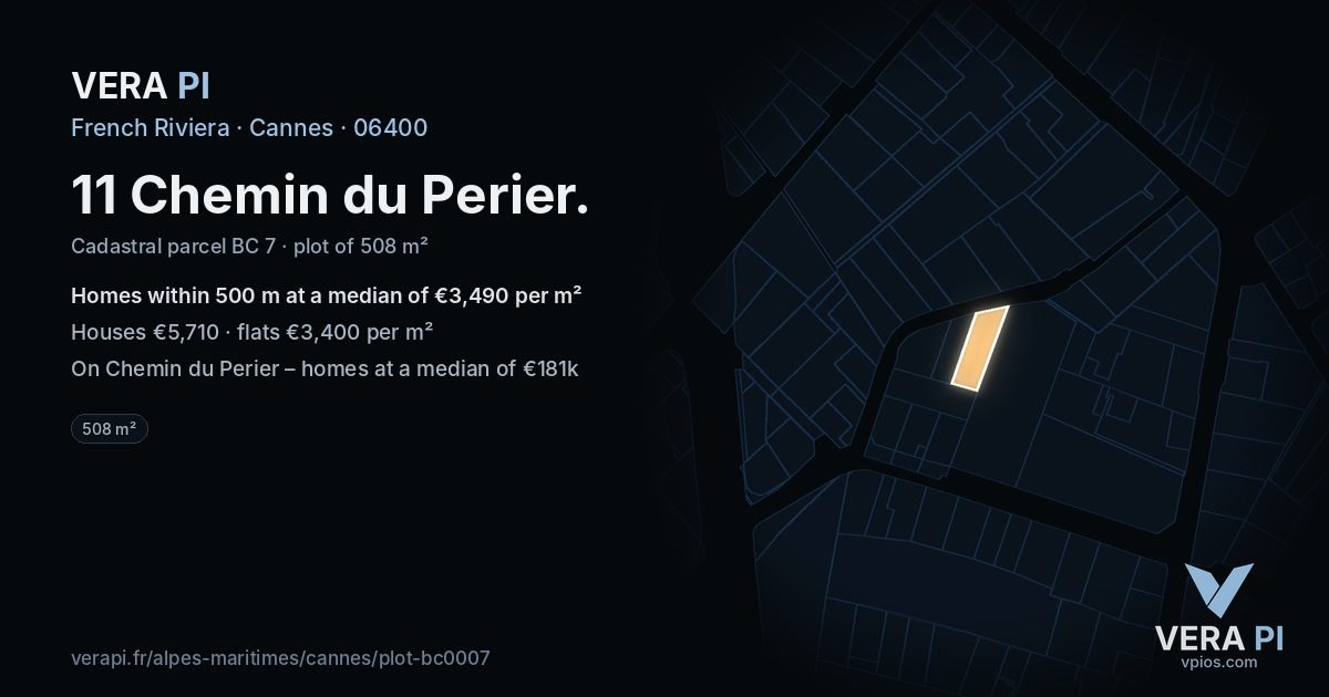 11 Chemin du Perier, Cannes at night – the plot lit, the parcels around coloured by the prices near them