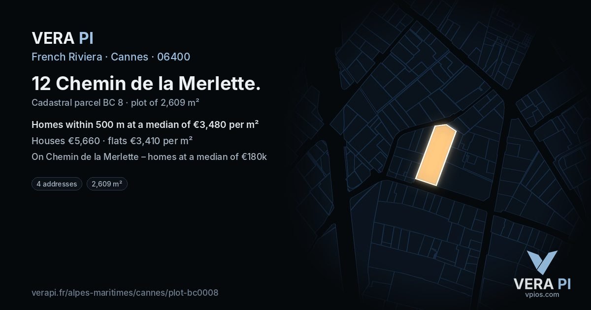 12 Chemin de la Merlette, Cannes at night – the plot lit, the parcels around coloured by the prices near them