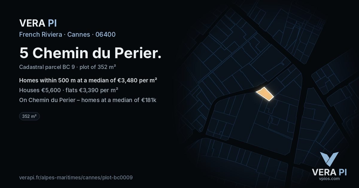 5 Chemin du Perier, Cannes at night – the plot lit, the parcels around coloured by the prices near them