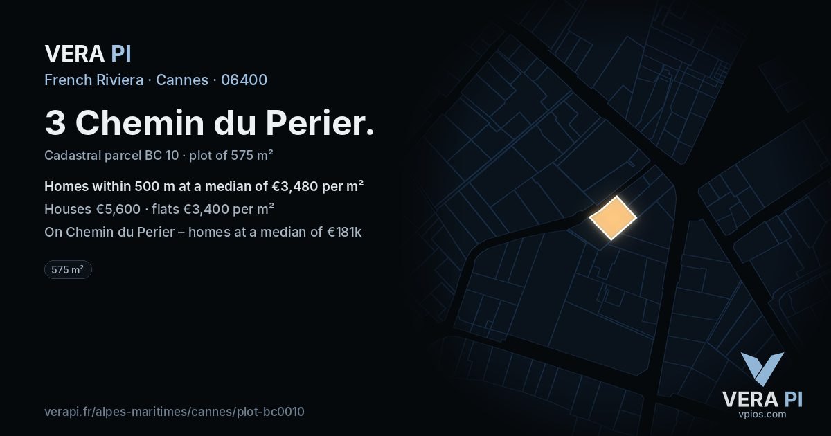 3 Chemin du Perier, Cannes at night – the plot lit, the parcels around coloured by the prices near them