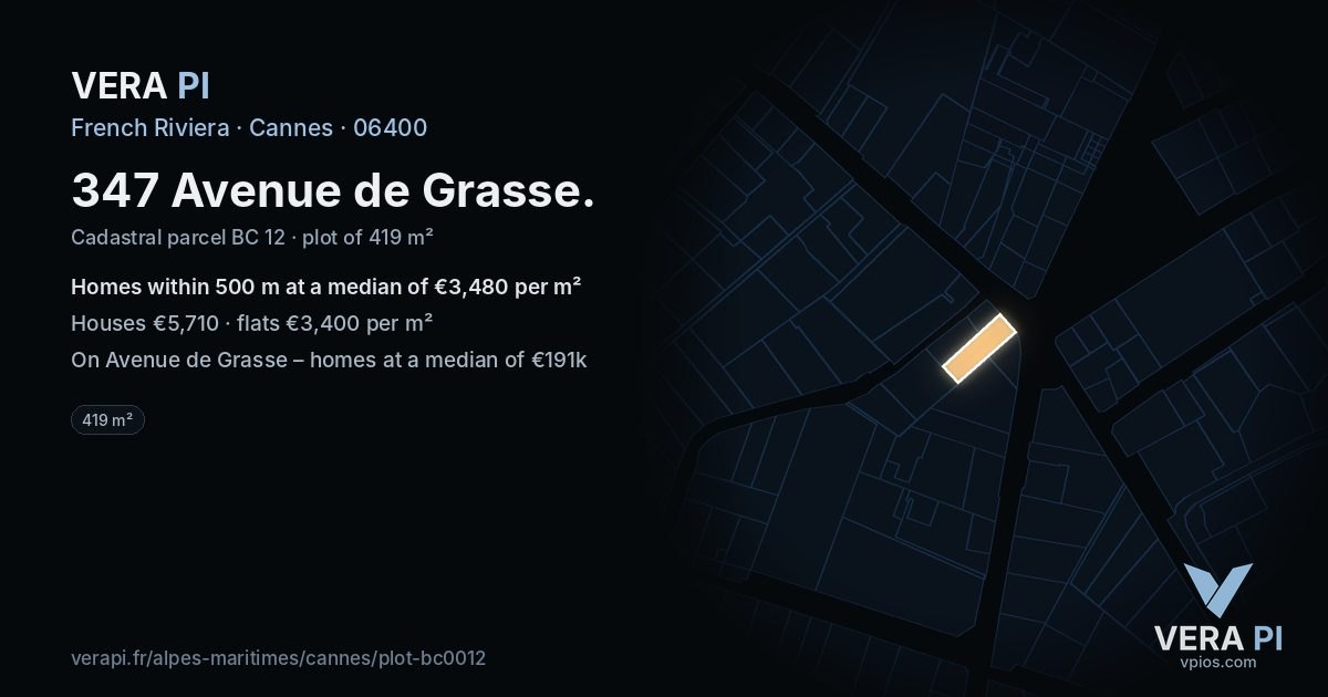 347 Avenue de Grasse, Cannes at night – the plot lit, the parcels around coloured by the prices near them
