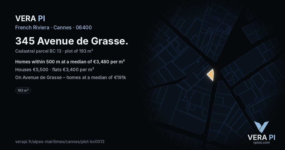 345 Avenue de Grasse, Cannes at night – the plot lit, the parcels around coloured by the prices near them