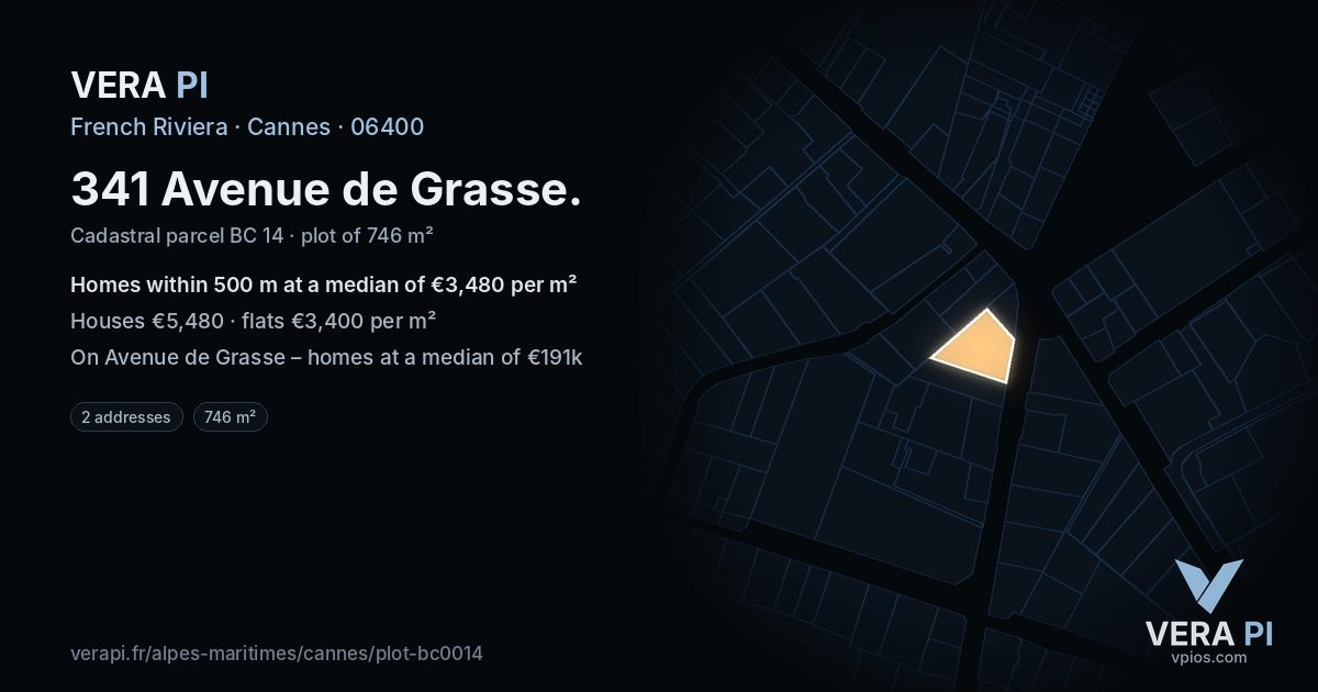 341 Avenue de Grasse, Cannes at night – the plot lit, the parcels around coloured by the prices near them