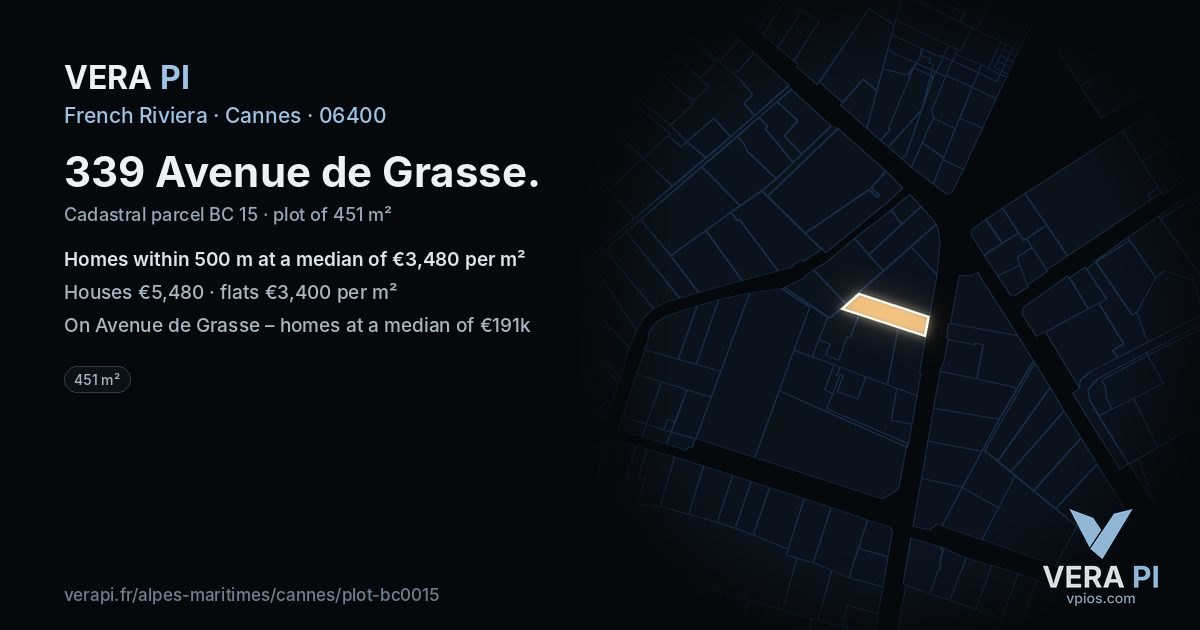 339 Avenue de Grasse, Cannes at night – the plot lit, the parcels around coloured by the prices near them