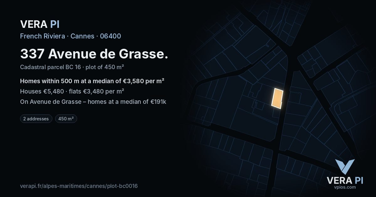 337 Avenue de Grasse, Cannes at night – the plot lit, the parcels around coloured by the prices near them