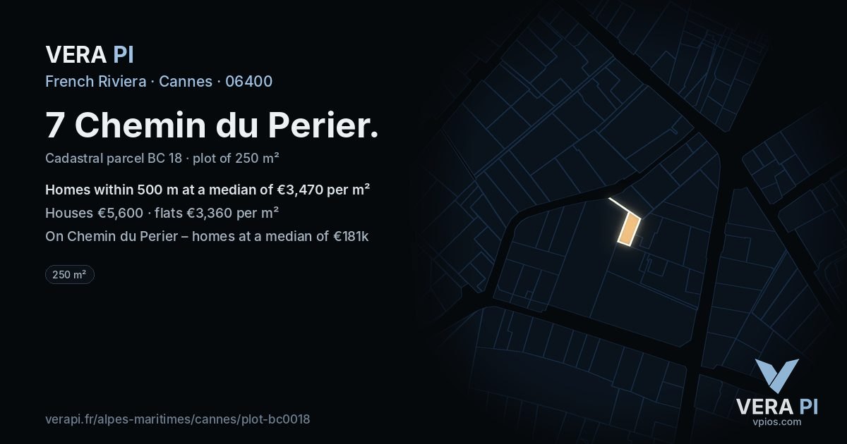 7 Chemin du Perier, Cannes at night – the plot lit, the parcels around coloured by the prices near them