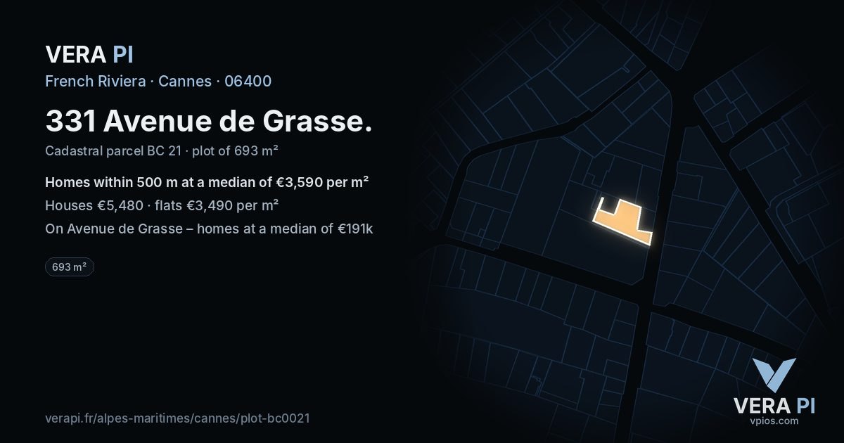 331 Avenue de Grasse, Cannes at night – the plot lit, the parcels around coloured by the prices near them