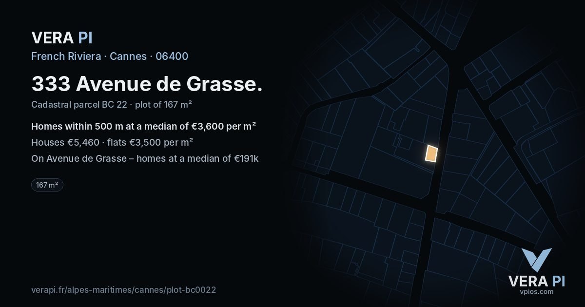 333 Avenue de Grasse, Cannes at night – the plot lit, the parcels around coloured by the prices near them