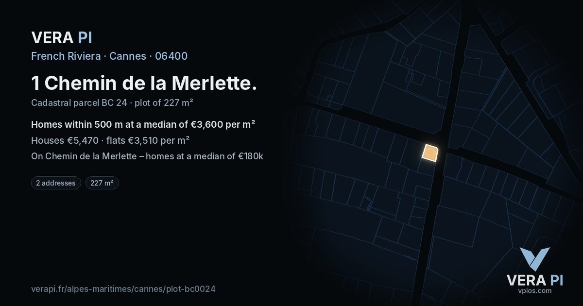1 Chemin de la Merlette, Cannes at night – the plot lit, the parcels around coloured by the prices near them