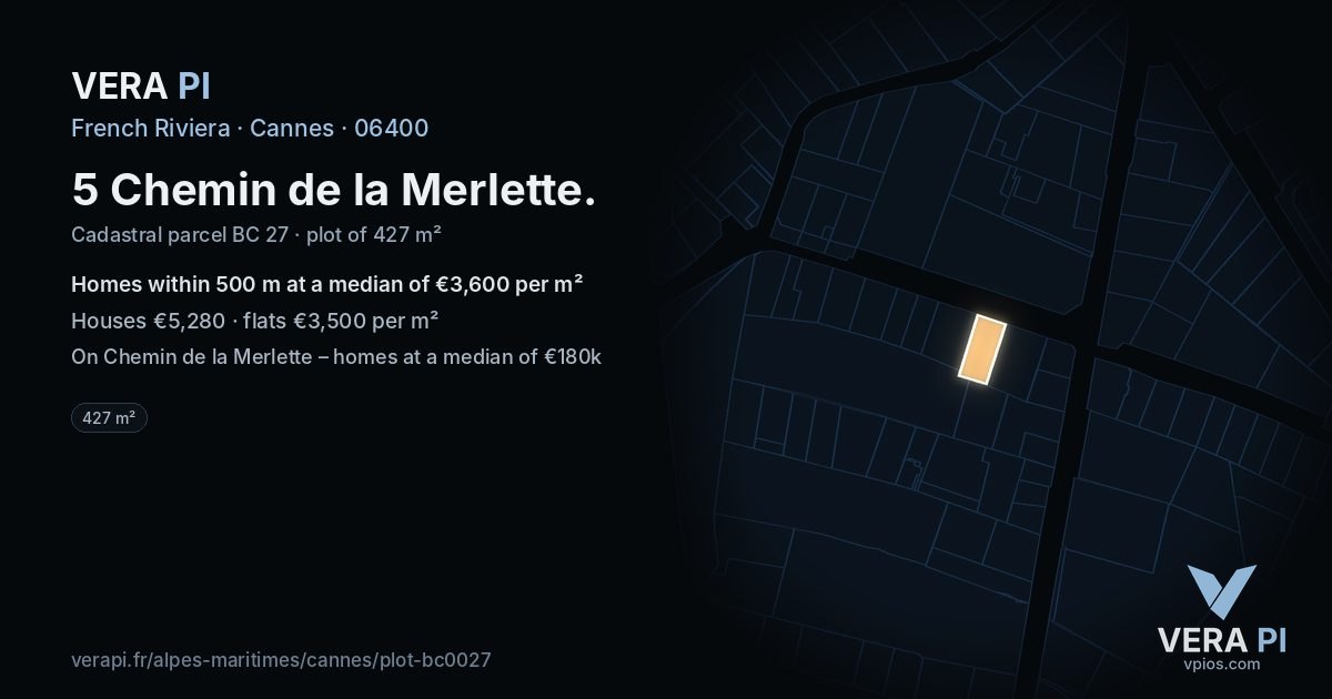 5 Chemin de la Merlette, Cannes at night – the plot lit, the parcels around coloured by the prices near them