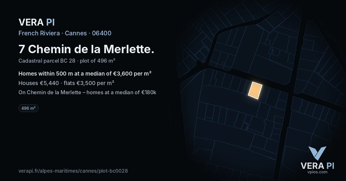 7 Chemin de la Merlette, Cannes at night – the plot lit, the parcels around coloured by the prices near them