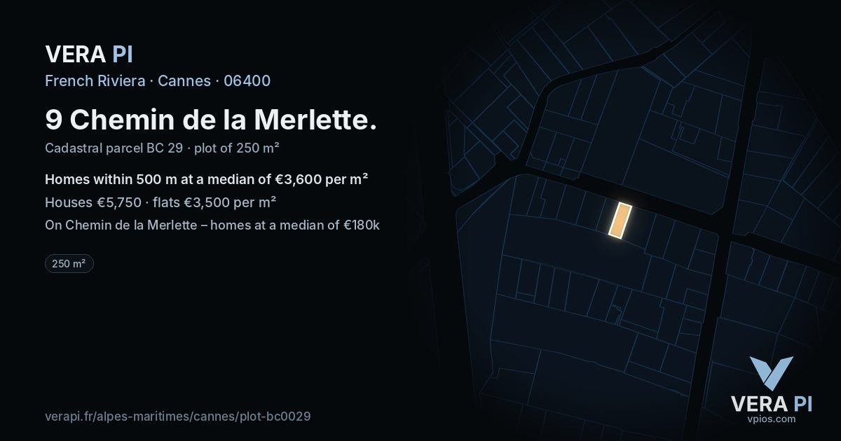 9 Chemin de la Merlette, Cannes at night – the plot lit, the parcels around coloured by the prices near them