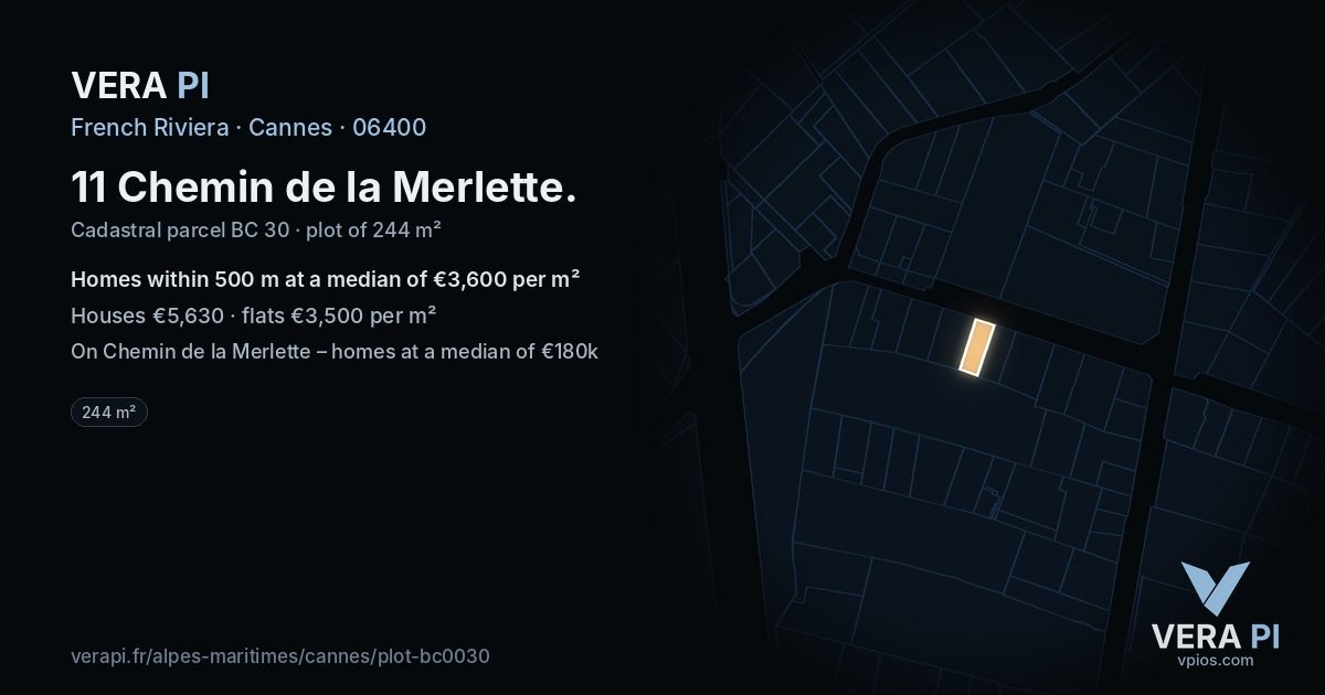 11 Chemin de la Merlette, Cannes at night – the plot lit, the parcels around coloured by the prices near them