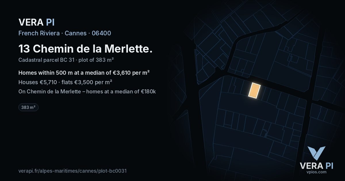 13 Chemin de la Merlette, Cannes at night – the plot lit, the parcels around coloured by the prices near them