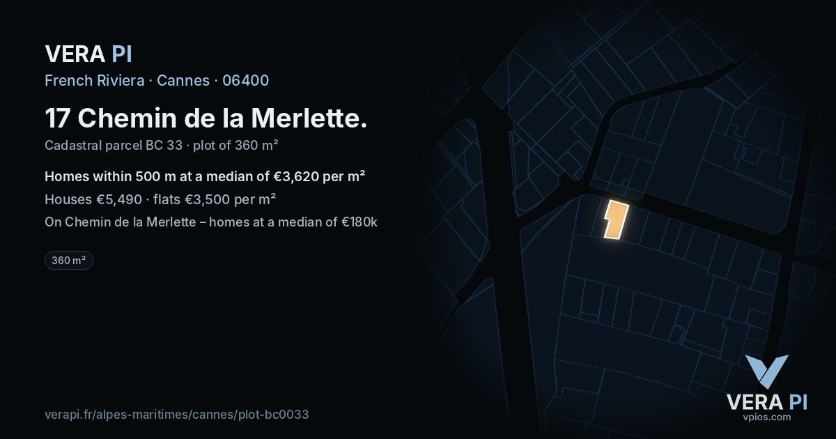 17 Chemin de la Merlette, Cannes at night – the plot lit, the parcels around coloured by the prices near them