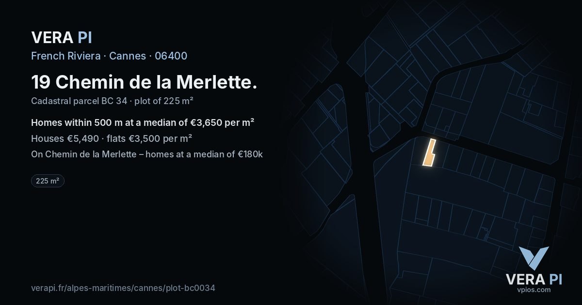 19 Chemin de la Merlette, Cannes at night – the plot lit, the parcels around coloured by the prices near them