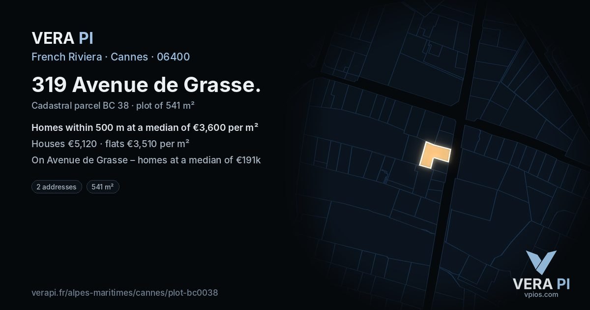 319 Avenue de Grasse, Cannes at night – the plot lit, the parcels around coloured by the prices near them