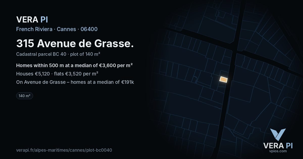 315 Avenue de Grasse, Cannes at night – the plot lit, the parcels around coloured by the prices near them