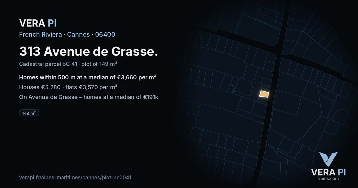 313 Avenue de Grasse, Cannes at night – the plot lit, the parcels around coloured by the prices near them