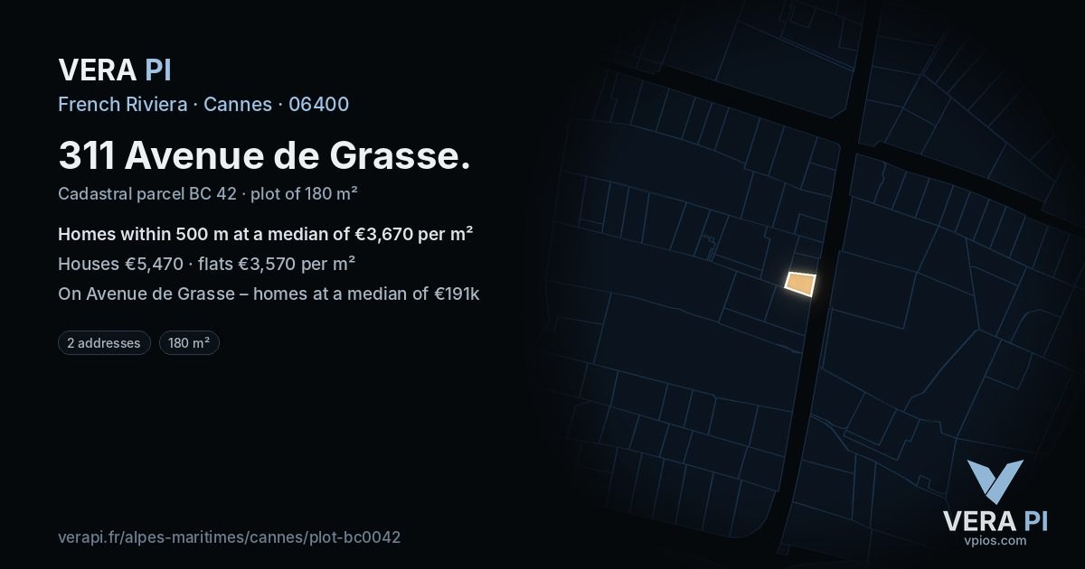 311 Avenue de Grasse, Cannes at night – the plot lit, the parcels around coloured by the prices near them
