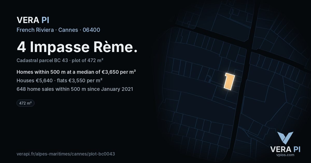 4 Impasse Rème, Cannes at night – the plot lit, the parcels around coloured by the prices near them