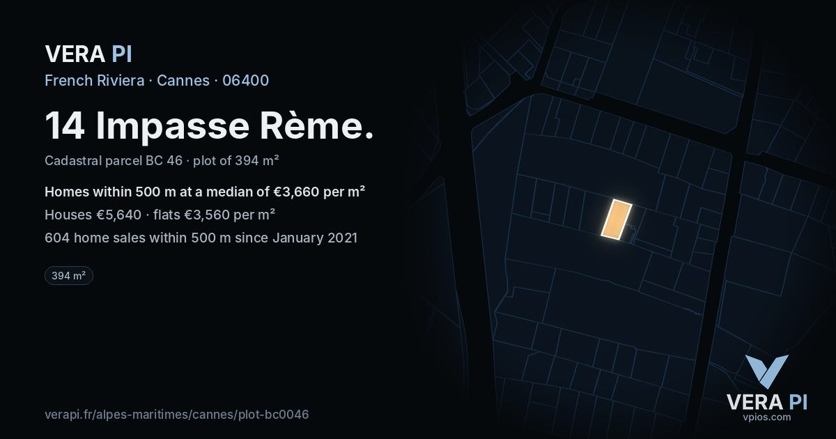 14 Impasse Rème, Cannes at night – the plot lit, the parcels around coloured by the prices near them