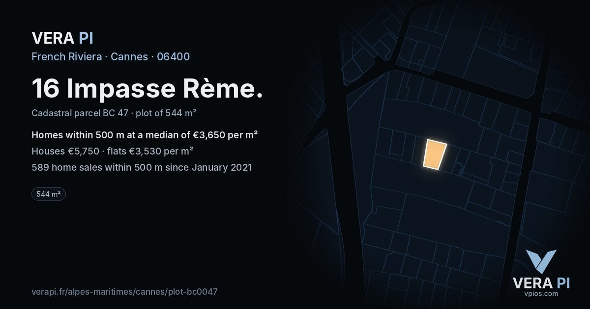 16 Impasse Rème, Cannes at night – the plot lit, the parcels around coloured by the prices near them