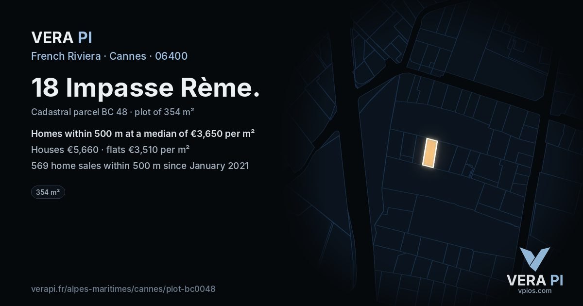 18 Impasse Rème, Cannes at night – the plot lit, the parcels around coloured by the prices near them