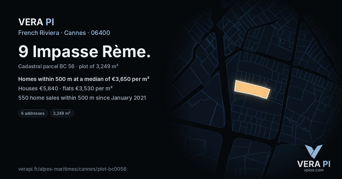 9 Impasse Rème, Cannes at night – the plot lit, the parcels around coloured by the prices near them
