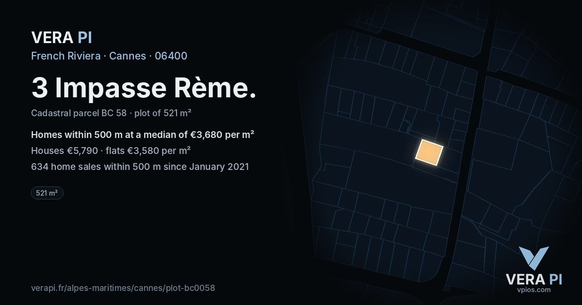 3 Impasse Rème, Cannes at night – the plot lit, the parcels around coloured by the prices near them