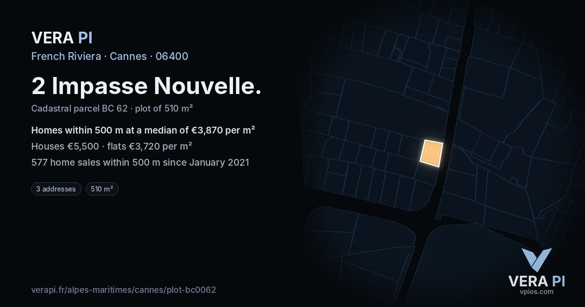 2 Impasse Nouvelle, Cannes at night – the plot lit, the parcels around coloured by the prices near them
