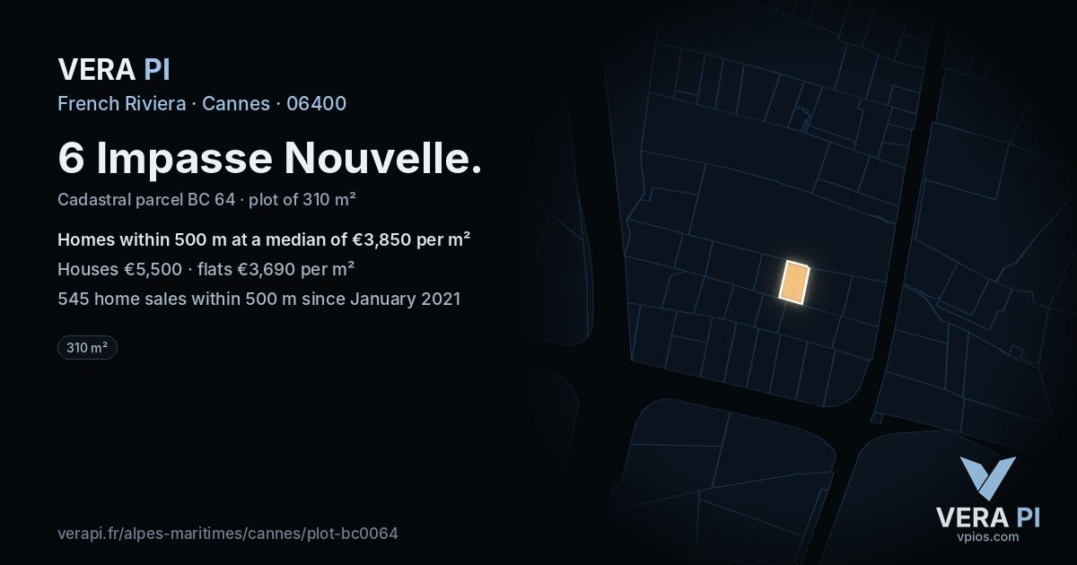 6 Impasse Nouvelle, Cannes at night – the plot lit, the parcels around coloured by the prices near them