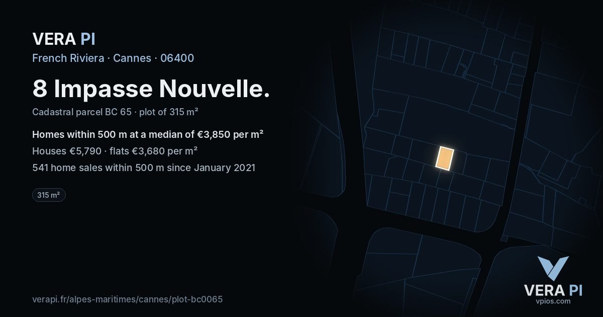 8 Impasse Nouvelle, Cannes at night – the plot lit, the parcels around coloured by the prices near them
